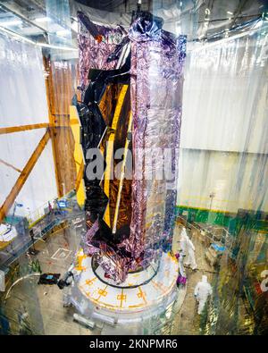 James Webb Teleskop startet Rakete Ariane 5 und Vorbereitung. Stockfoto