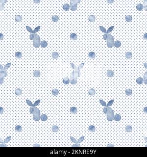 Wasserfarbenes marineblaues, nahtloses Muster mit Kaninchendesign auf weißem Hintergrund. Handgezeichnete Wasserfarben, einfache geometrische zeitgenössische Kunstform, Drucktempel Stockfoto