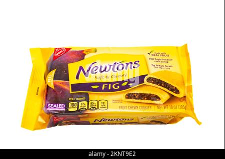 Eine Packung FeigenNewtons der Marke Nabisco, weich und zäh, mit echten Früchten, isoliert auf Weiß Stockfoto