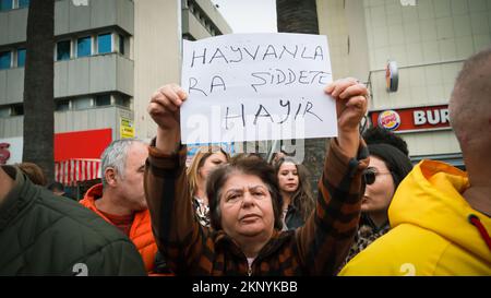 Tierliebhaber und Aktivisten, die sich mit dem Aufruf der Tierrechtsföderation in Izmir versammelten, protestierten gegen die Tiermassaker in der Türkei. Am 24. November erschienen in sozialen Medien Videoaufnahmen mit einem Bild eines Offiziers in einem Tierheim der Stadt Konya, der einen Hund im Tierheim folterte und tötete. Das führte zu Reaktionen in der ganzen Türkei. Nach den Aufnahmen, die Empörung hervorriefen, wurde eine Untersuchung eingeleitet. Im Anschluss an die Ermittlungen wurden zwei Personen inhaftiert und festgenommen. (Foto: Idil Toffolo/Pacific Press) Stockfoto