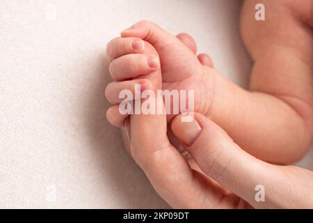 Das neugeborene Baby hat nach der Geburt einen festen Griff am Finger der Eltern. Stockfoto