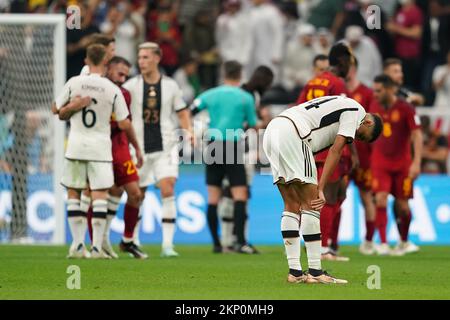 Katar. 27. November 2022, Al Khor, Al Khor, Katar, Katar: AL KHOR, KATAR - NOVEMBER 27: Spieler Deutschlands reagieren nach dem FIFA-Weltmeisterschaftsspiel 2022 Gruppe E zwischen Spanien und Deutschland im Al Bayt Stadion am 27. November 2022 in Al Khor, Katar. (Kreditbild: © Florencia Tan Jun/PX Imagens via ZUMA Press Wire) Kredit: ZUMA Press, Inc./Alamy Live News Stockfoto