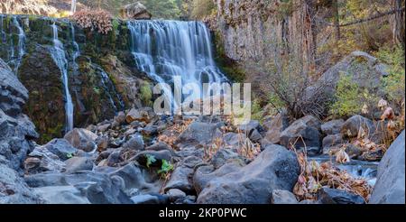 Panoramablick auf die Middle Falls am McCloud River im Shasta Trinity National Forest, Kalifornien, USA Stockfoto