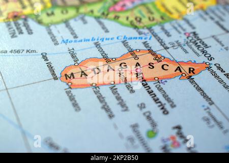 Madagaskar Reisekonzept Ländername Auf Der Politischen Weltkarte Sehr Makro Nahaufnahme Stock Foto Anzeigen Stockfoto