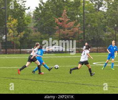 Kinder-Fußballspieler, die spielen. Fußballspieler für junge Mädchen, die an der lokalen Meisterschaft auf dem Rasenfußballfeld teilnehmen - Surrey BC Kanada-Oktober Stockfoto