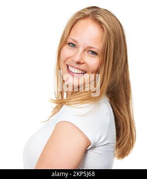 Ihr Lächeln kann jeden Tag aufheitern. Studiofoto einer attraktiven jungen Frau, isoliert auf Weiß. Stockfoto
