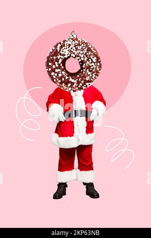 Vertikales Collagenbild eines funky santa glasierten Donuts statt dessen Kopf isoliert auf gemaltem kreativem Hintergrund Stockfoto