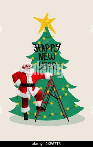 Vertikale Collage Illustration der flippigen santa Kletterleiter Dekoration Neujahr Baum frohes neues Jahr Text isoliert auf lackiertem Hintergrund vorbereiten Stockfoto