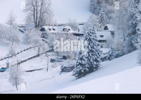 Ein Weiler traditioneller Holzhäuser ist mit frischem Schnee bedeckt. Stockfoto