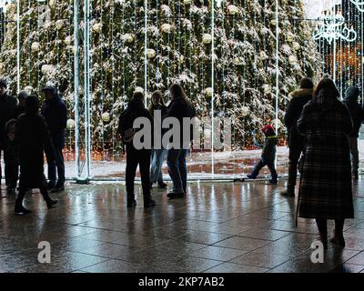 Vilnius, Litauen - 27. November 2022: Menschen in der Nähe von wunderschön dekorierten Weihnachtsbäumen, Weihnachtsmarkt am Kathedralenplatz, Vilnius, Litauen Stockfoto