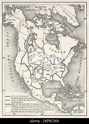 Karte zur Vernichtung des amerikanischen Bisons in den Vereinigten Staaten von 1730 bis 1890, USA. Alte, gravierte Illustration aus dem 19.. Jahrhundert von La Nature 1890 Stockfoto