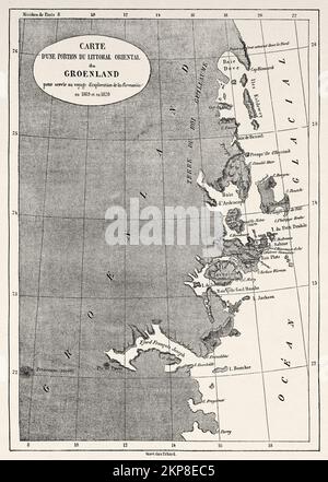 Karte eines Teils der Ostküste Grönlands für die Erkundungsreise von La Germania in den Jahren 1869-1870. Zweite deutsche Expedition zum Nordpol mit den Schiffen Germania und Hansa, 1869 Stockfoto