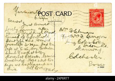 Rückseite der originalen Grußkarte Postkarte aus Norfolk, Großbritannien Diese Karte hat einen Poststempel mit dem Stempel 1D (ein Penny), roter König George V. (nach der Veröffentlichung verwendet). Veröffentlicht/datiert am 1. Juni 1931. Stockfoto