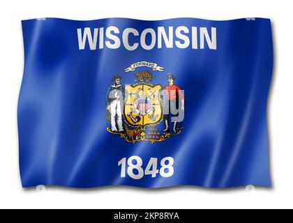 Flagge von Wisconsin, vereinigte Staaten winken Bannersammlung. 3D-Abbildung Stockfoto