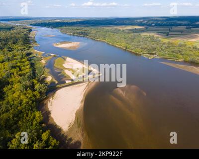 Drohnenfoto, Vistula, Wisla, Slupia Nadbrzezna, Gmina Tarlów, Powiat Opatów, Woiwodschaft Heiliges Kreuz, Polen, Europa Stockfoto