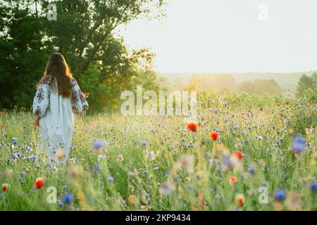 Frau geht auf einer Maisblumen-Wiese durch malerische Fotografie Stockfoto