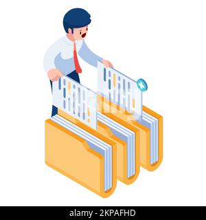 Flat 3D Isometrischer Geschäftsmann für die Verwaltung von Dateien und Ordnern. Konzept Der Dateiverwaltung. Stock Vektor