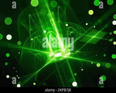 Grün leuchtender futuristischer Quantenprozessor mit Partikeln, computergenerierter abstrakter Hintergrund, 3D-Rendering Stockfoto