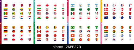 Kollektion von Fußballturnierflags, ein großer Satz von Flaggen, sortiert nach Fußballwettbewerbgruppe. Vektordarstellung. Stock Vektor