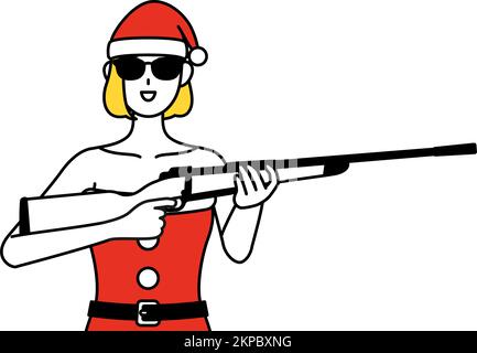 Eine einfache Strichzeichnung zeigt eine Frau, die als Weihnachtsmann verkleidet ist, eine Sonnenbrille trägt und ein Gewehr in der Hand hält. Stock Vektor