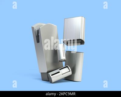 Industrieanlagen für öffentliche Toiletten Hand-Trockner Serviettenhalter Behälter für Flüssigseife Beutel 3D Bild auf Blau rendern Stockfoto