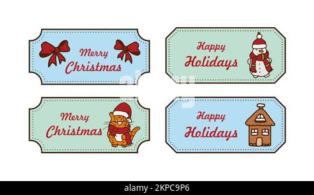 Vektorsatz mit Weihnachtsmarken im Doodle-Stil. Aufkleber für Geschenkschachteln oder für Sammelalben mit Begrüßungen. Illustration eines Tigers und Schneemanns. Stock Vektor