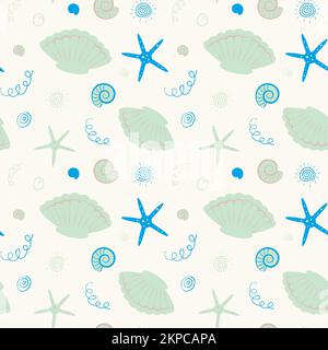 Zartes kindliches nautisches Muster in Pastellfarben. Vektordarstellung. Design für Kinderzimmer, Kleidung, Verpackung, Bürobedarf. Sommer. Stock Vektor