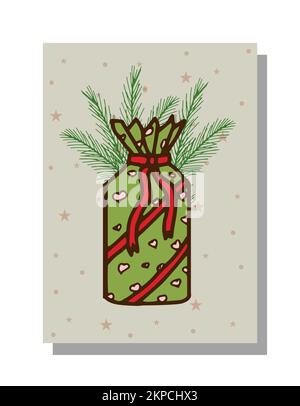 Weihnachts- und Neujahrskarte mit Geschenken und Fichtenzweigen im Kritzelstil. Postkarte, Banner, Poster für fröhliche weihnachten Grußkarte. Stock Vektor