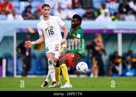 Al-Wakrah, Katar. 28.. November 2022. AL WAKRAH, KATAR - 28. NOVEMBER: Sasa Lukic von Serbien kämpft um den Ball mit Andre Frank Zambo Anguissa von Kamerun während des Spiels Gruppe G - FIFA Weltmeisterschaft Katar 2022 zwischen Kamerun und Serbien im Al Janoub Stadion am 28. November 2022 in Al Wakrah, Katar (Foto: Pablo Morano/BSR Agency) Kredit: BSR Agency/Alamy Live News Stockfoto