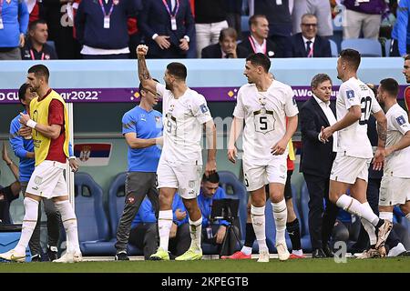 Foto Fabio Ferrari/LaPresse 28 Novembre 2022 Al Janoub Stadium, Katar - Sport - Calcio - Katar 2022 - Coppa del Mondo FIFA - Camerun vs Serbien - Gruppo G - Fase A Gironi - .nella foto: Esultanza Goal di Mitrovic Aleksandar 28. November 2022 Al Janoub Stadium, Katar - Sport - Fußball - Katar 2022- FIFA Weltmeisterschaft - Kamerun / Serbien - Gruppe G - Gruppenstufe - . Auf dem Bild: Torfest von Mitrovic Aleksandar/PRESSINPHOTO/Sipa USA Stockfoto