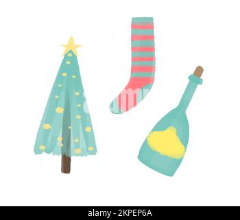 Sammlung von Weihnachtsdekorationen, Weihnachtsgeschenken, Bäumen, Geschenken und Pinguinen. Farbenfrohe Vektordarstellung im flachen Cartoon-Stil Stock Vektor