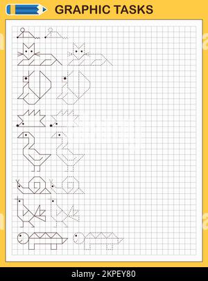 Grafische Aufgaben nach Zellen. Pädagogische Spiele für Kinder Stock Vektor