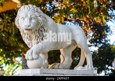 Alicante, Spanien - 12. September 2022: Exquisit geschnitzte Natursteinskulptur eines Löwen im Canalejas Park. Stockfoto