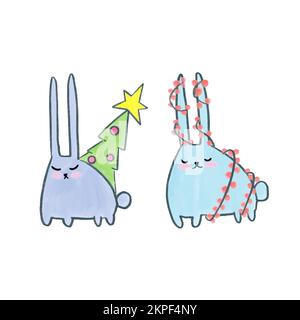Frohes neues Jahr 2023, eine Gruppe süßer, witziger, weißer Hasenköpfe, eine Sammlung von Haschen-Figuren, ein Zeichnungsvektor mit niedlichen Tiermustern Stock Vektor