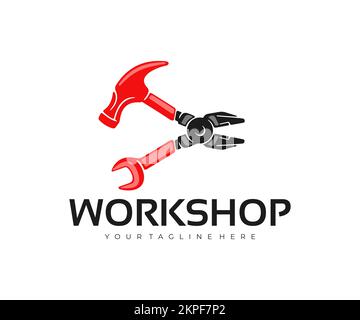 Zange, Hammer, Schraubenschlüssel, Werkstatt und Autowerkstatt, Logo-Design. Reparatur, Reparatur, Werkzeuge und Mechanik, Vektordesign und Illustration Stock Vektor