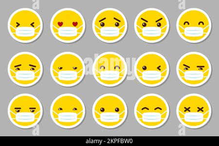 Emoticon Yellow Face Sticker flache Symbolgruppe. Emoji mit weißer medizinischer Maske Cartoon-Charaktersammlung. Krankenhaussicherheit Coronavirus-Pandemie-Zeichen. Symbol für Meldung zum Schutz vor Bakterieninfektionen Stock Vektor
