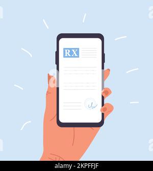 Verschreibungspflichtige Medikamente. Weibliches Hand-halten-Handy mit Rezept für Pillen. Apothekenkontrolle. Gesundheits- und Behandlungskonzept. Vektor Stock Vektor