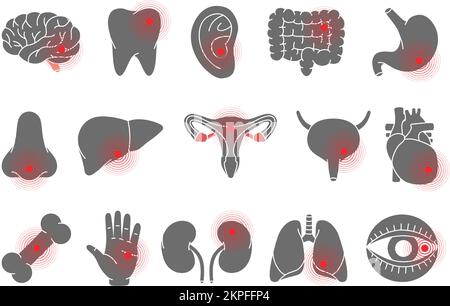 Schmerzen in menschlichen Organen. Gehirn, Zahn, Ohr, Darm, Magen, Nase, Leber, Blase, Herz, Knochen, Hand, Nieren, Lunge, Augapfel-Symbole. Andere Körperschmerzen Stock Vektor