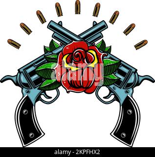 Gekreuzte Gewehre mit Rosen. Gestaltungselement für Plakat, Karte, Banner, Emblem, Schild. Vektorgrafik Stock Vektor