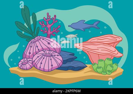 Unterwasserflora und -Fauna, Aquarium mit Fischen Stock Vektor