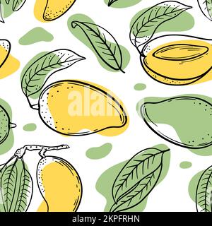 GELBE GRÜNE MANGO Abstrakt köstliche saftige Früchte, ganz und in zwei Hälften geschnitten für Ihr Design handgezeichnet in Sketch Style Food Seamless Pattern Vector Illust Stock Vektor