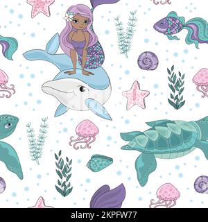 OCEAN TALE Meerjungfrau Prinzessin Mädchen Unterwassertiere tropische Ozean Reise Kreuzfahrt Seamless Pattern Vector Illustration zum Drucken Stock Vektor