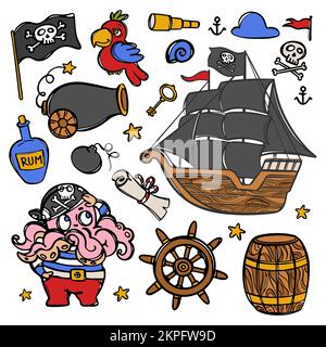 TINTENFISCH-PIRAT und Segelboot mit schwarzen Segeln und Schädelflagge auf Mast Handgezeichnete Cartoon Clipart Sea Attributes and Objects Vector Illustration Set für Stock Vektor