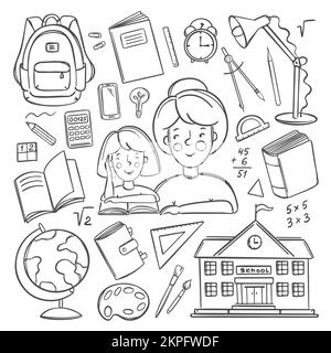 ONLINE-SCHULE SCHWARZWEISS Home Education Handgezogene Vektorkollektion verschiedene Schulmaterialien für das Konzept Online-Lernen von Schülern im Internet I Stock Vektor