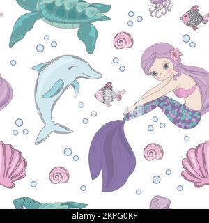 UNTERWASSERWELT Meerjungfrau Prinzessin Mädchen mit langer lilafarbener Delfinschildkröte Seemuster und Fisch Cartoon Seamless Pattern Vector Illustration zum Drucken Stock Vektor