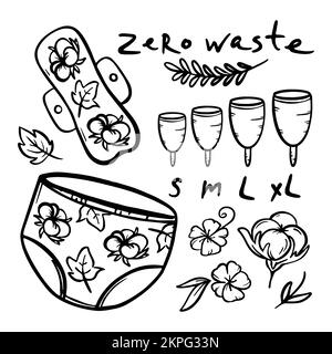 ZERO WASTE Frauenhygiene Gynäkologische Gesundheitsversorgung handgezogener Vektor-Illustration-Set Stock Vektor