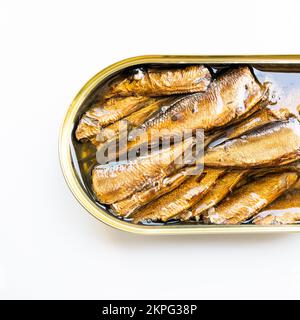 Sprotten mit Öl in der offenen Zinndose auf weißem Hintergrund Stockfoto