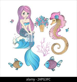 UNTERWASSER-SEEPFERDCHEN Meerjungfrau mit langen Haaren, Blumenstrauß und Fishes Holiday in Sea Cartoon Clip Art Vector Illustration Set Fo Stock Vektor