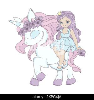 EIN EINHORN-FREUND von Prinzessin Girl in Crown mit langem lila Haar sitzt auf Fohlen mit Kranz von rosa Blumen Cartoon Clip Art Vector Illustration Set für P Stock Vektor