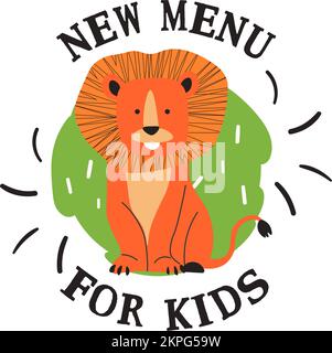Neues Menü für Kinder, Lebewesen-Vektor für Löwen Stock Vektor